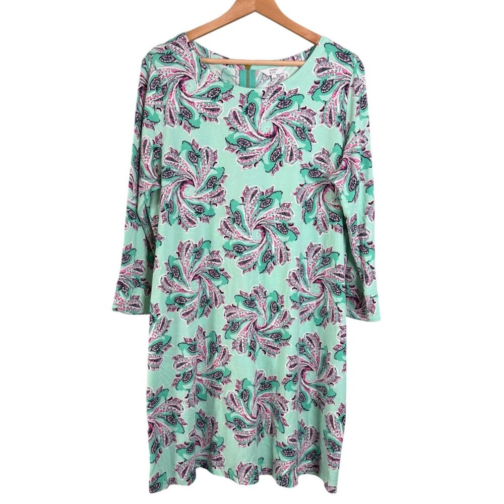 Crown & Ivy Womens Large Paisley Shift Dress Mint Green 3/4 Sleeve Knit Stretch